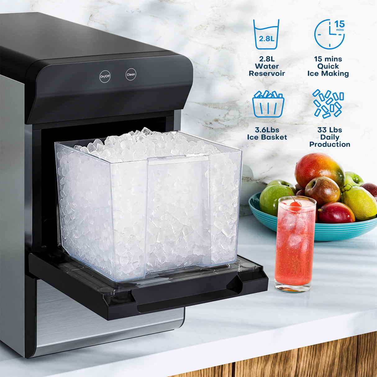 Countertop Nugget Ice Maker, 33lbs/24H, Chewable Pebble Ice, Auto