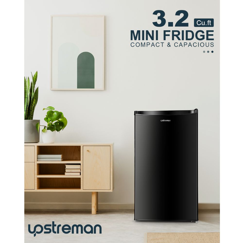 Upstreman 3.2 CU.FT Mini Fridge with Freezer, Single Door Mini Fridge, Adjustable Thermostat, Mini Refrigerator for Dorm, Office, Bedroom, Black-BR321